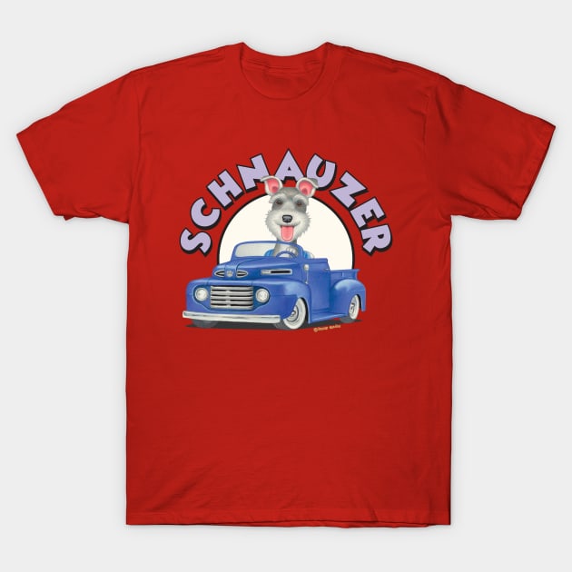 Cute Schnauzer mini puppy retro ready to ride in Classic Blue Truck T-Shirt by Danny Gordon Art